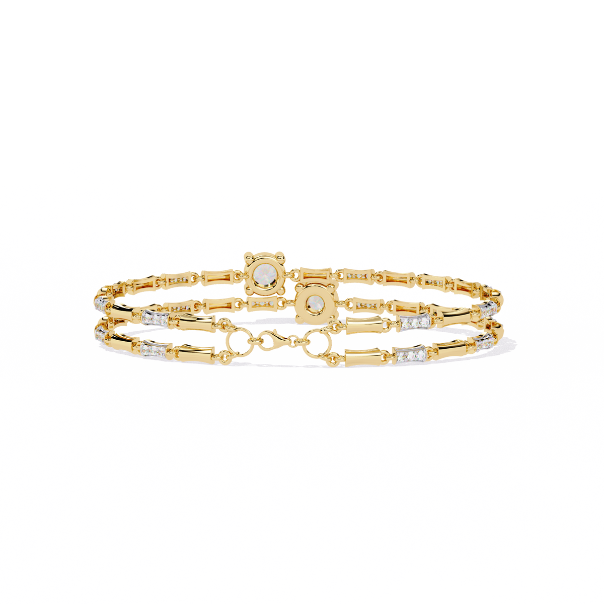 Yellow Gold Solitaire and Bamboo Bar Link Bracelet