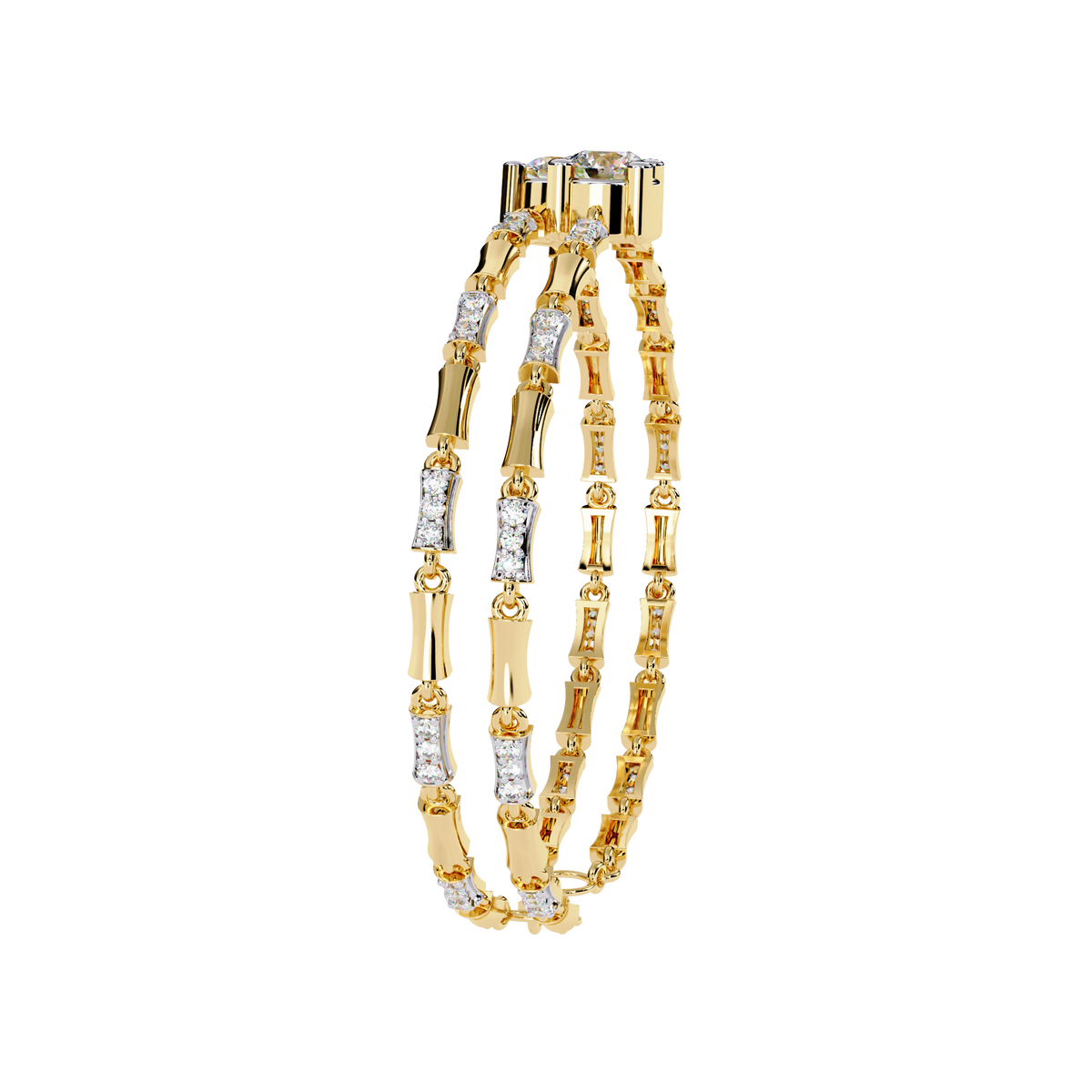Yellow Gold Solitaire and Bamboo Bar Link Bracelet