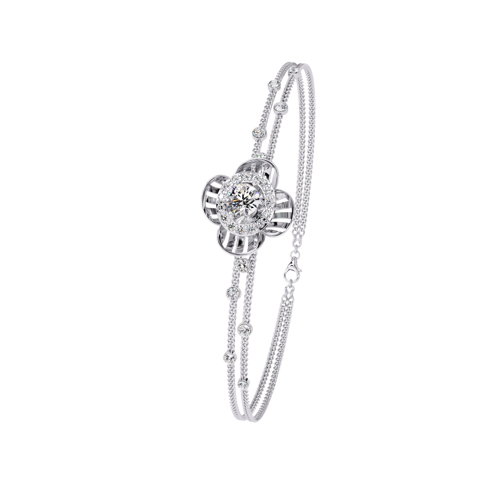 White Gold Diamond Halo Ribbed Petal Bloom Bracelet