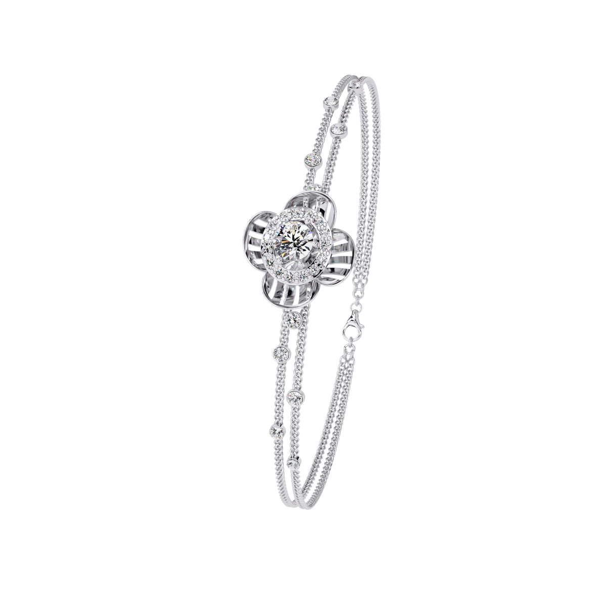 White Gold Diamond Halo Ribbed Petal Bloom Bracelet