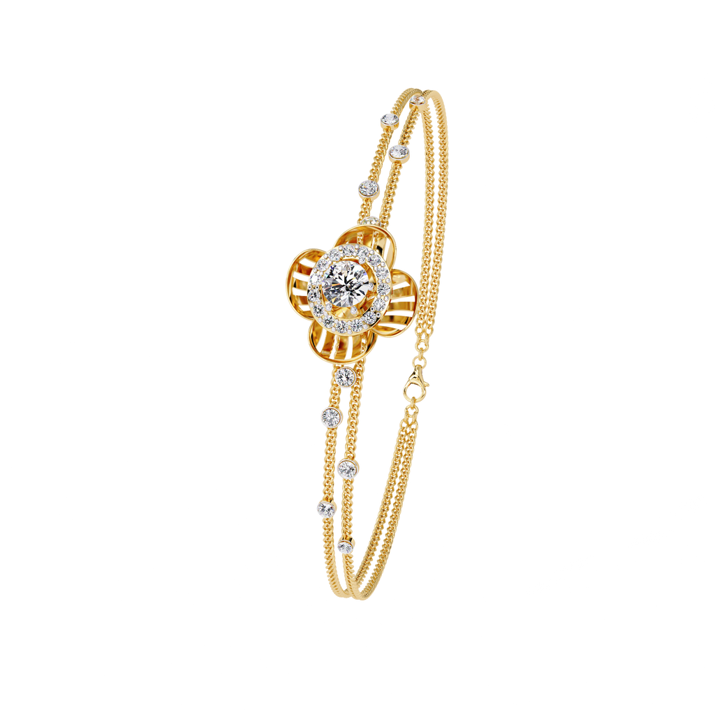 Yellow Gold Halo Flower Station Double-Chain Bracelet