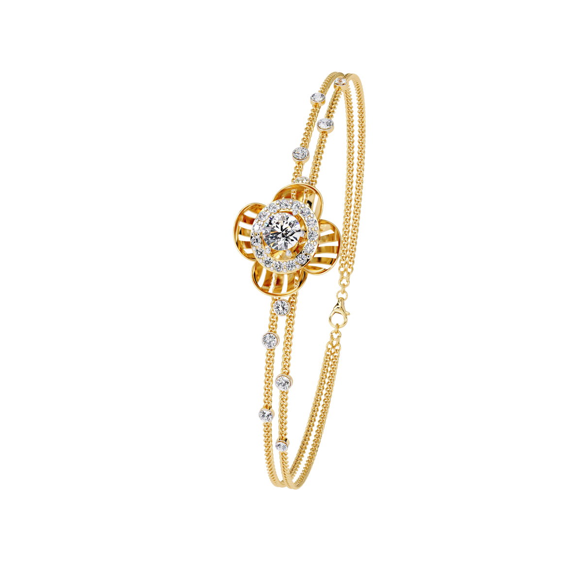 Yellow Gold Halo Flower Station Double-Chain Bracelet