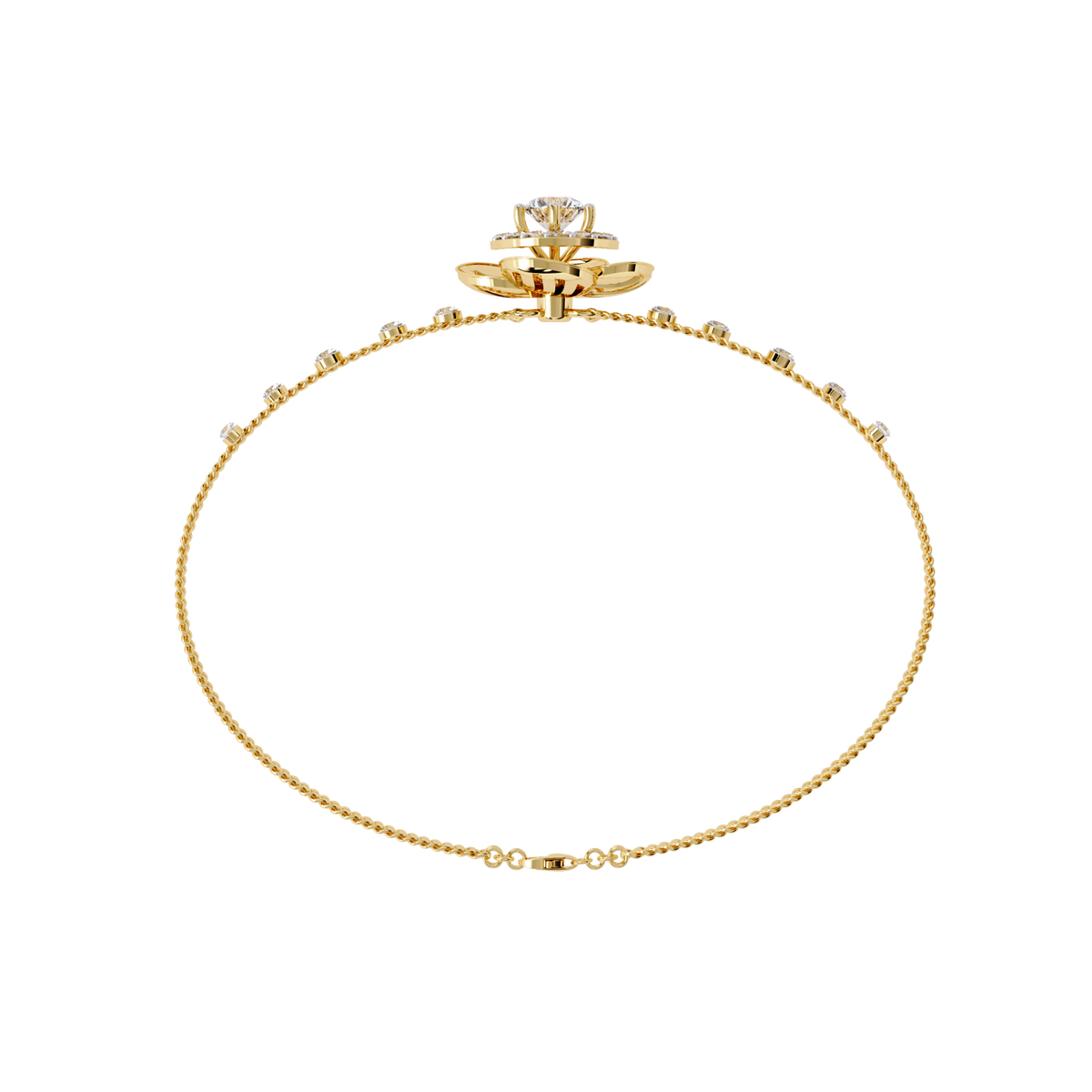 Yellow Gold Halo Flower Station Double-Chain Bracelet