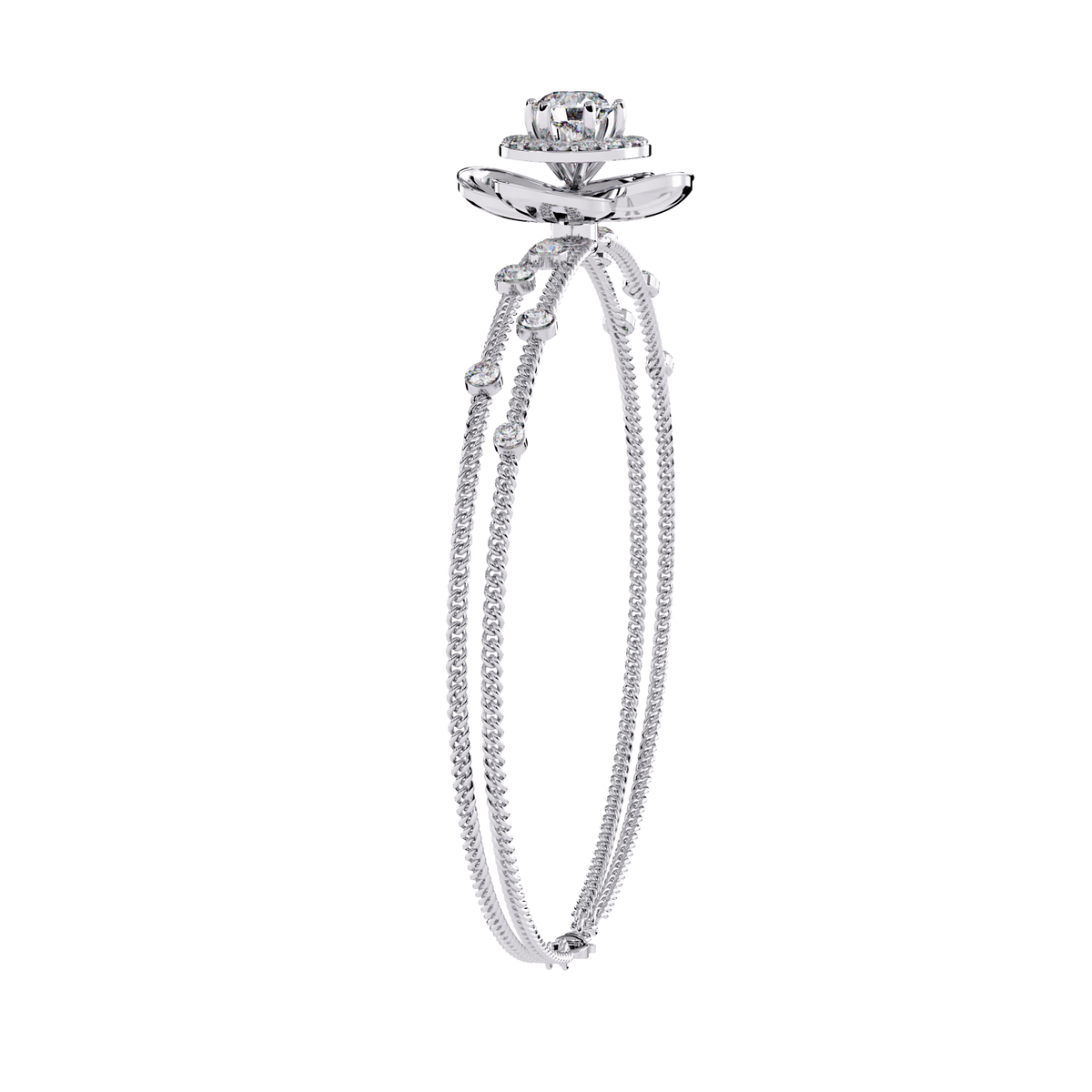 White Gold Diamond Halo Ribbed Petal Bloom Bracelet