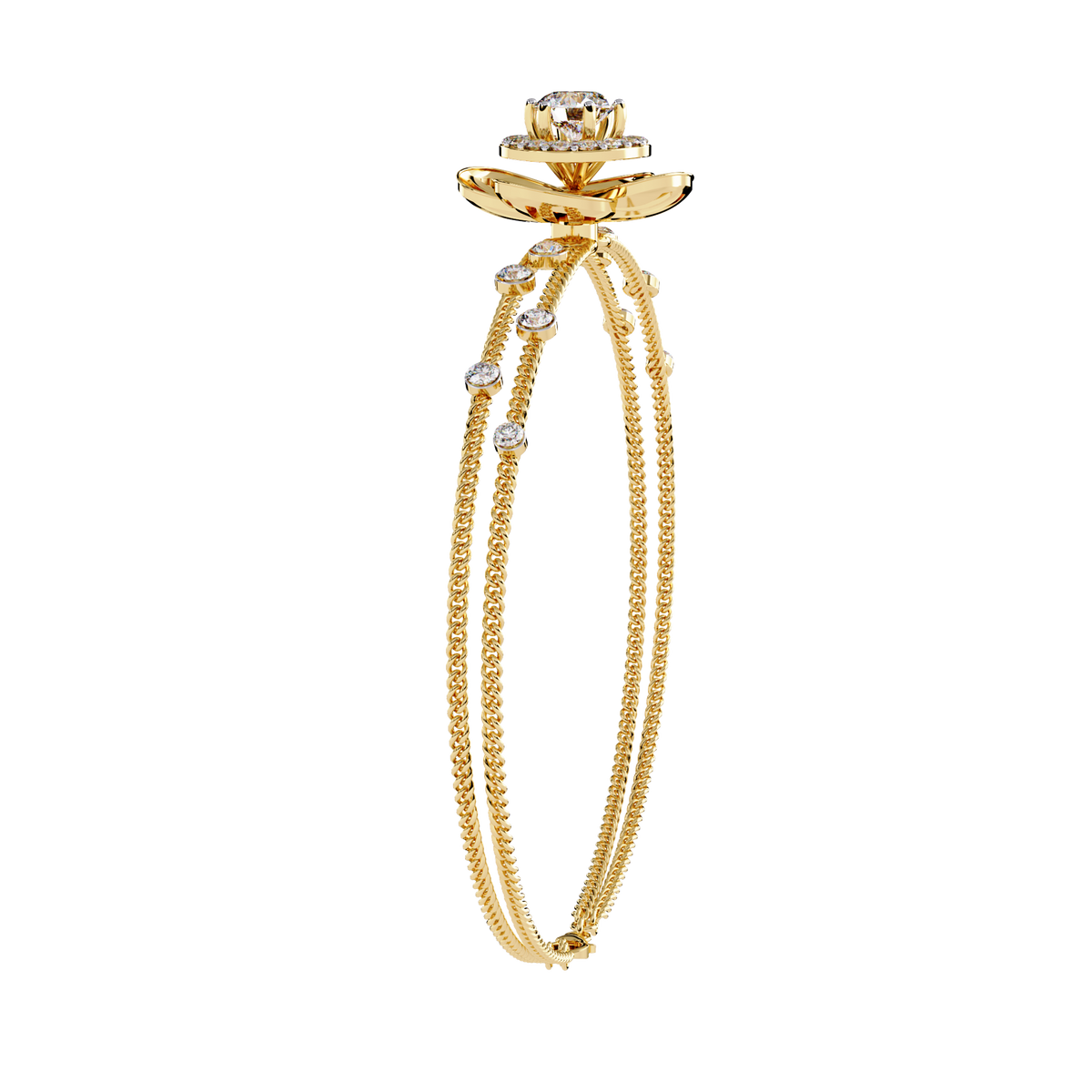 Yellow Gold Halo Flower Station Double-Chain Bracelet