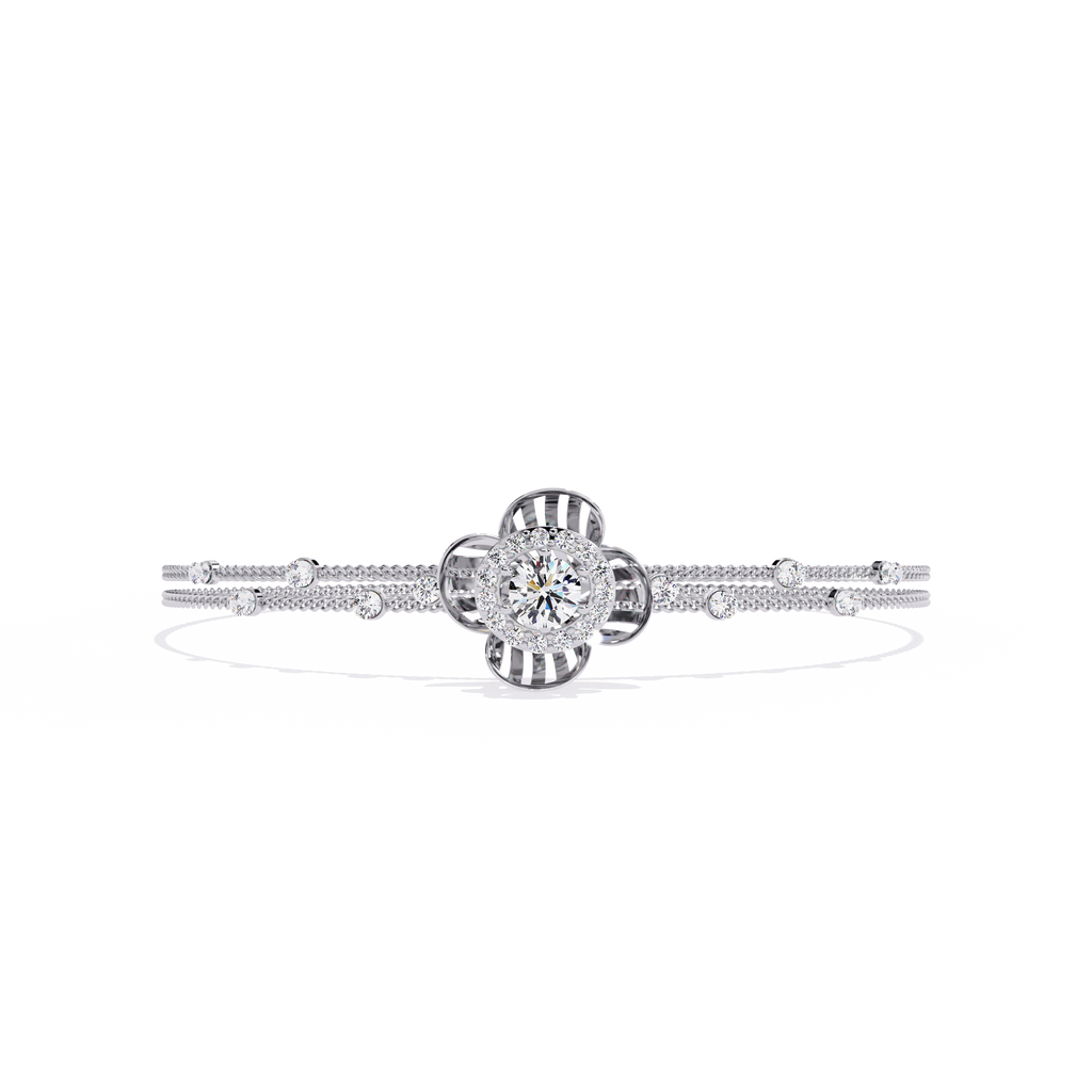 White Gold Diamond Halo Ribbed Petal Bloom Bracelet