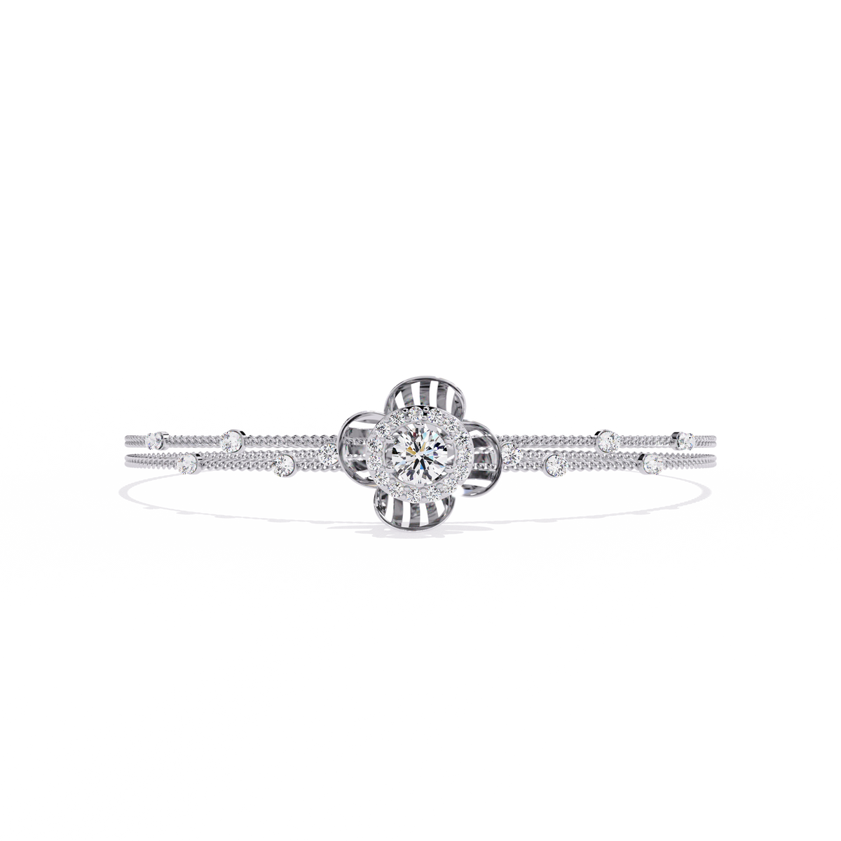 White Gold Diamond Halo Ribbed Petal Bloom Bracelet