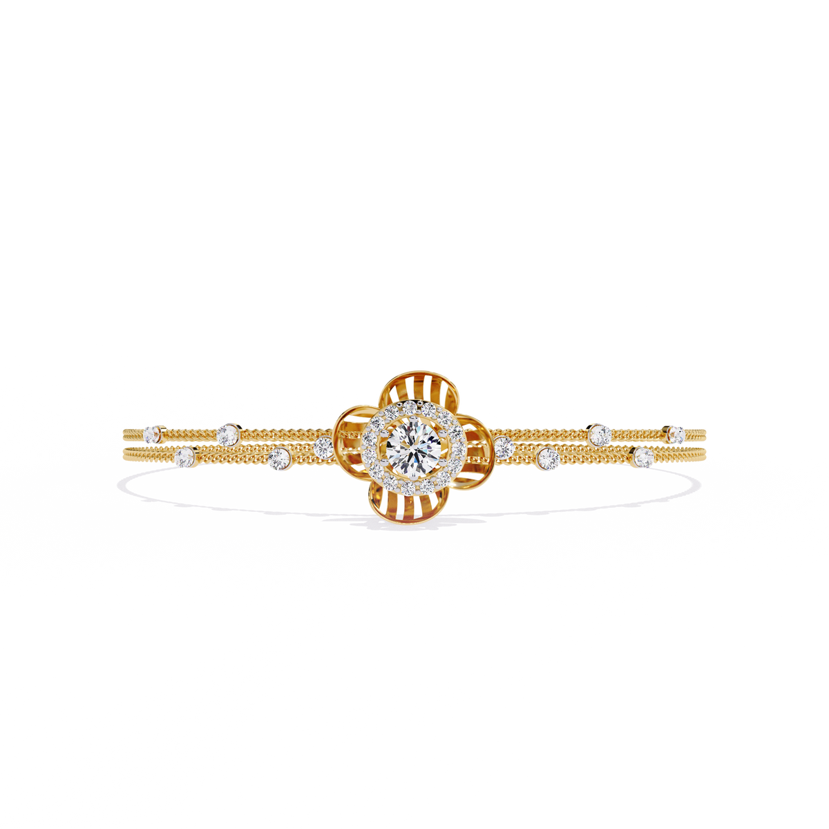 Yellow Gold Halo Flower Station Double-Chain Bracelet