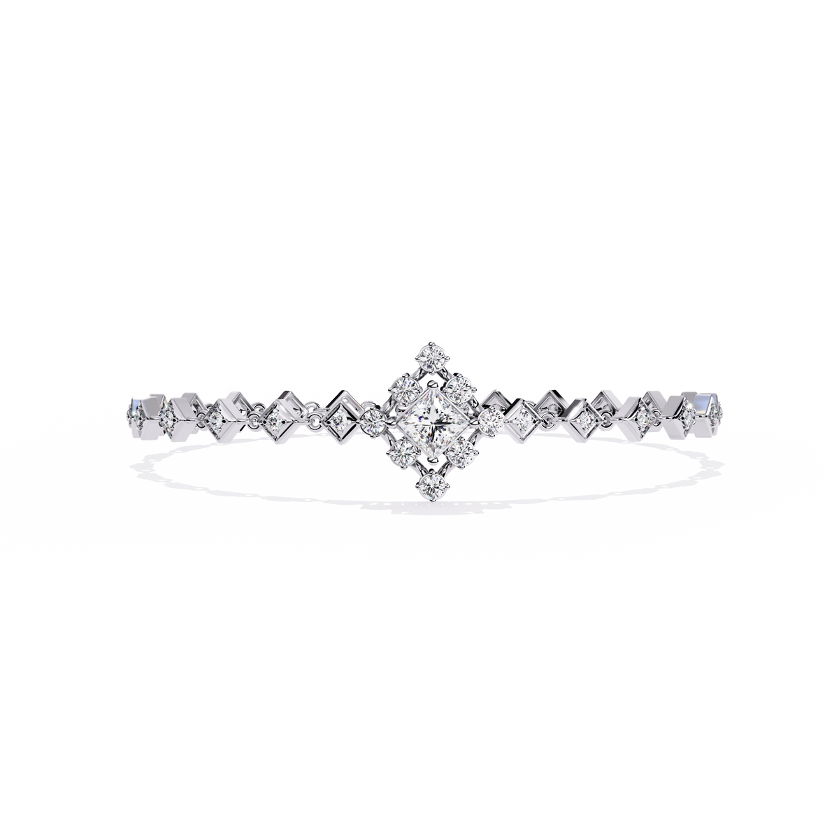 White Gold Diamond Princess Cut Halo Kite Station Bracelet