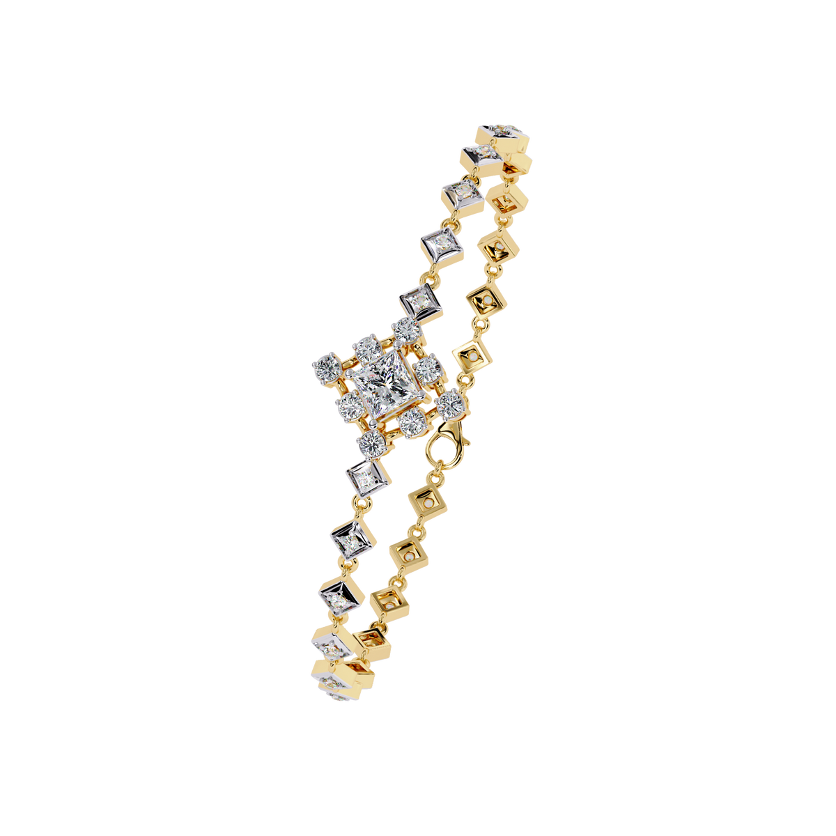 Yellow Gold Princess Halo Square Station Bracelet