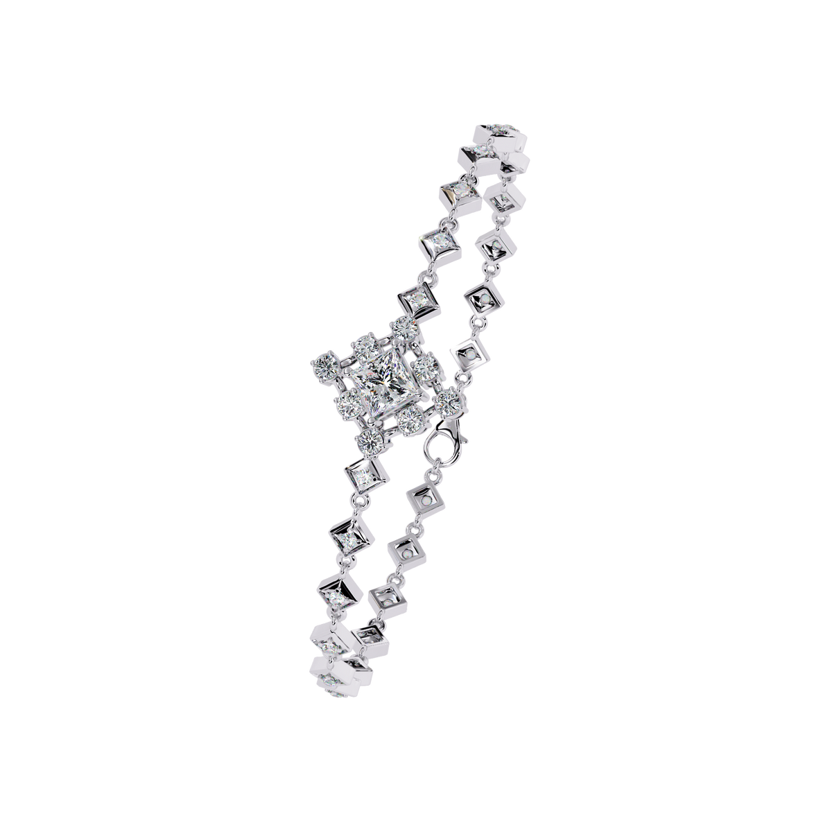 White Gold Diamond Princess Cut Halo Kite Station Bracelet