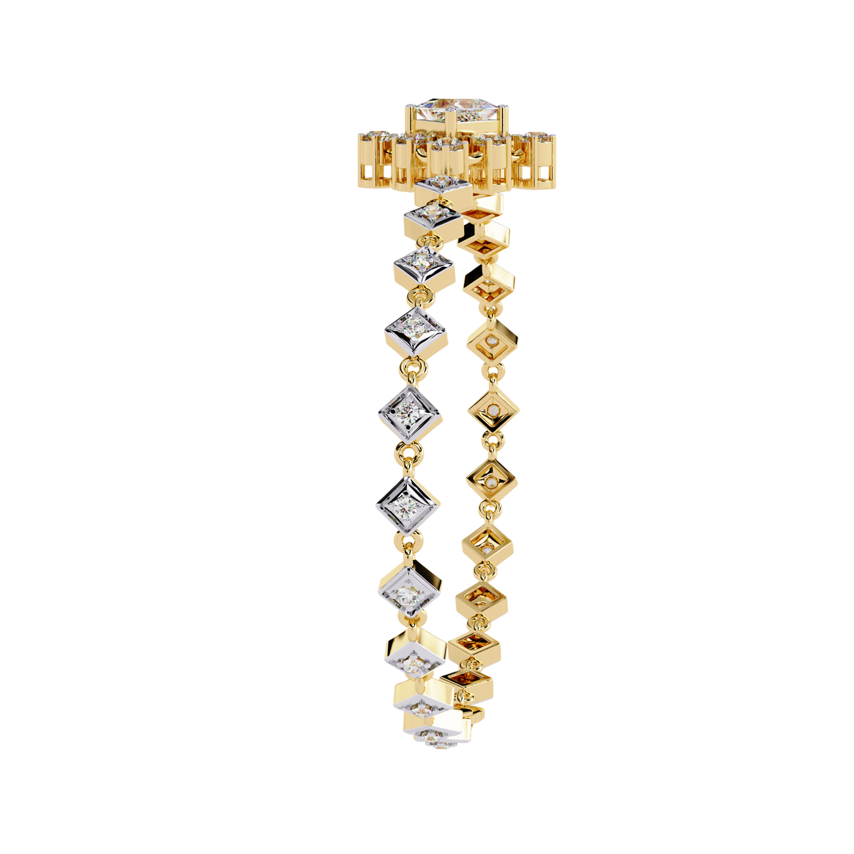 Yellow Gold Princess Halo Square Station Bracelet