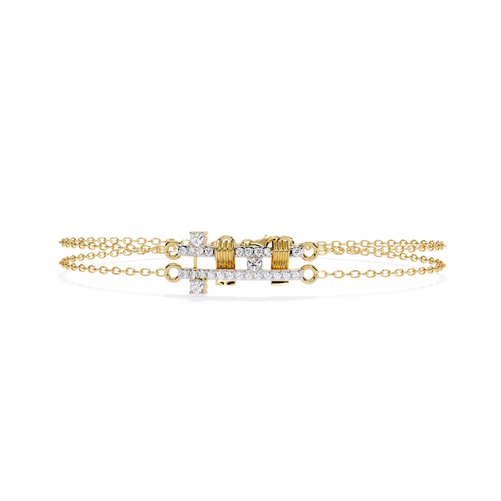 Yellow Gold Crossed Pavé Bar Double Chain Bracelet