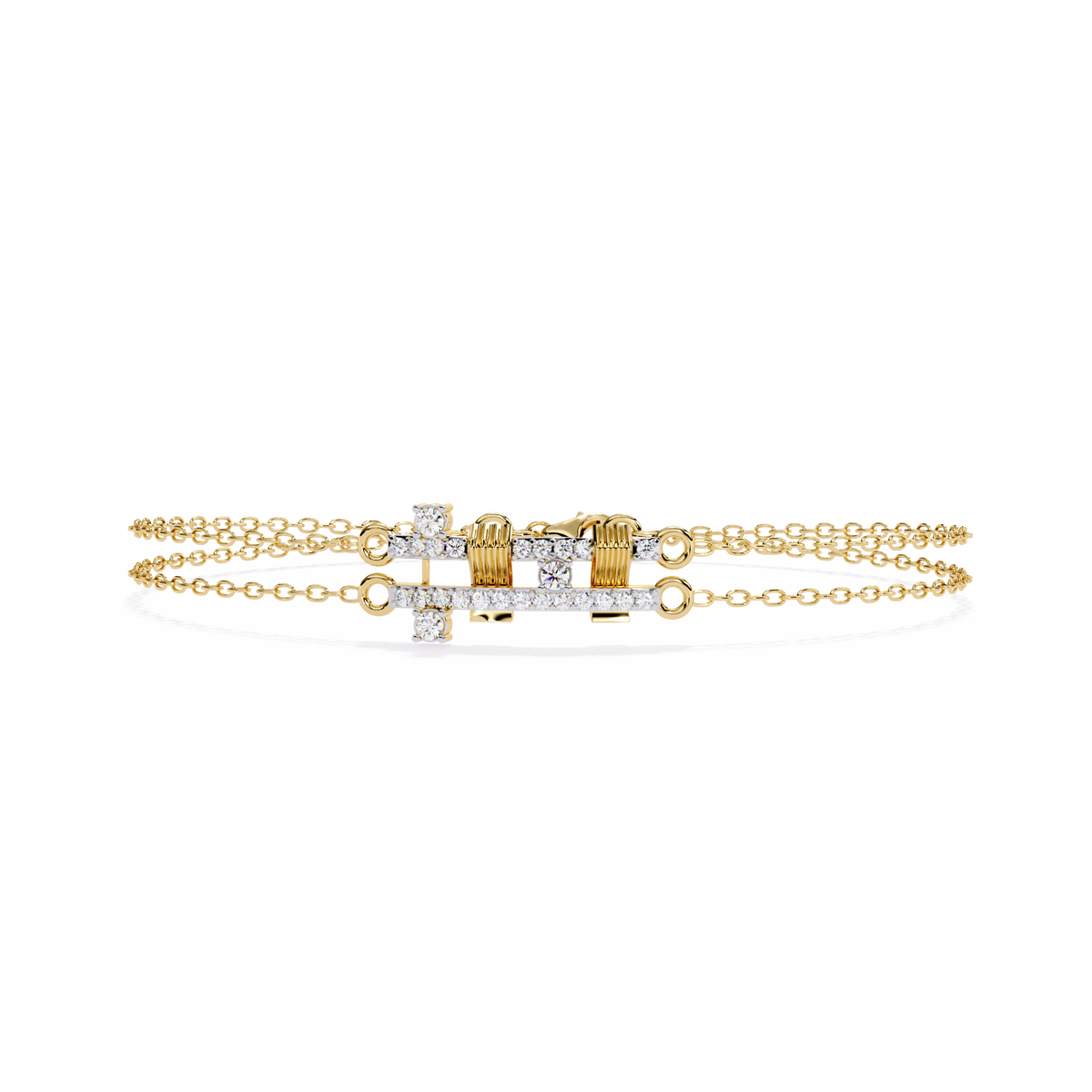 Yellow Gold Crossed Pavé Bar Double Chain Bracelet