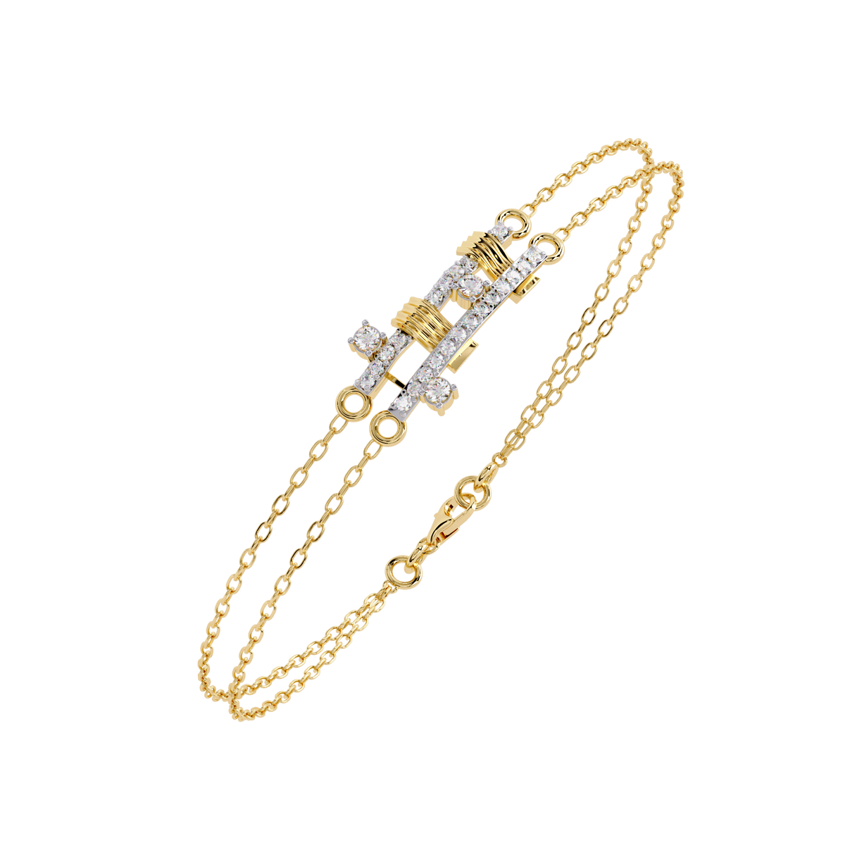 Yellow Gold Crossed Pavé Bar Double Chain Bracelet