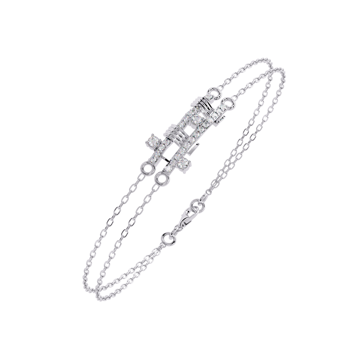 White Gold Diamond Ribbed Coil Crossbar Double Chain Bracelet