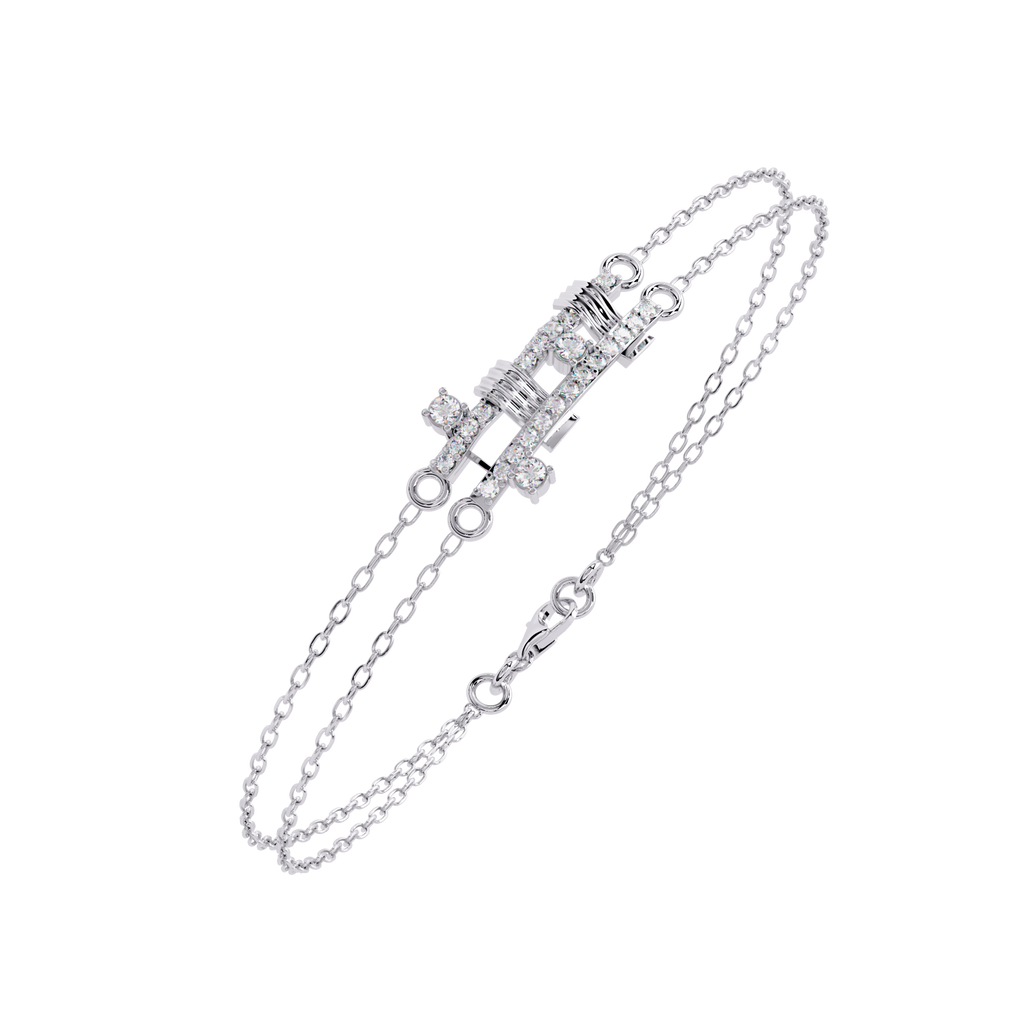 White Gold Diamond Ribbed Coil Crossbar Double Chain Bracelet