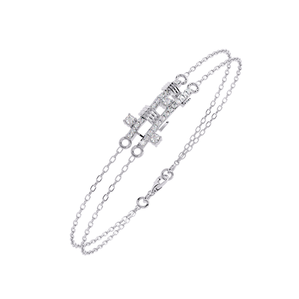 White Gold Diamond Ribbed Coil Crossbar Double Chain Bracelet