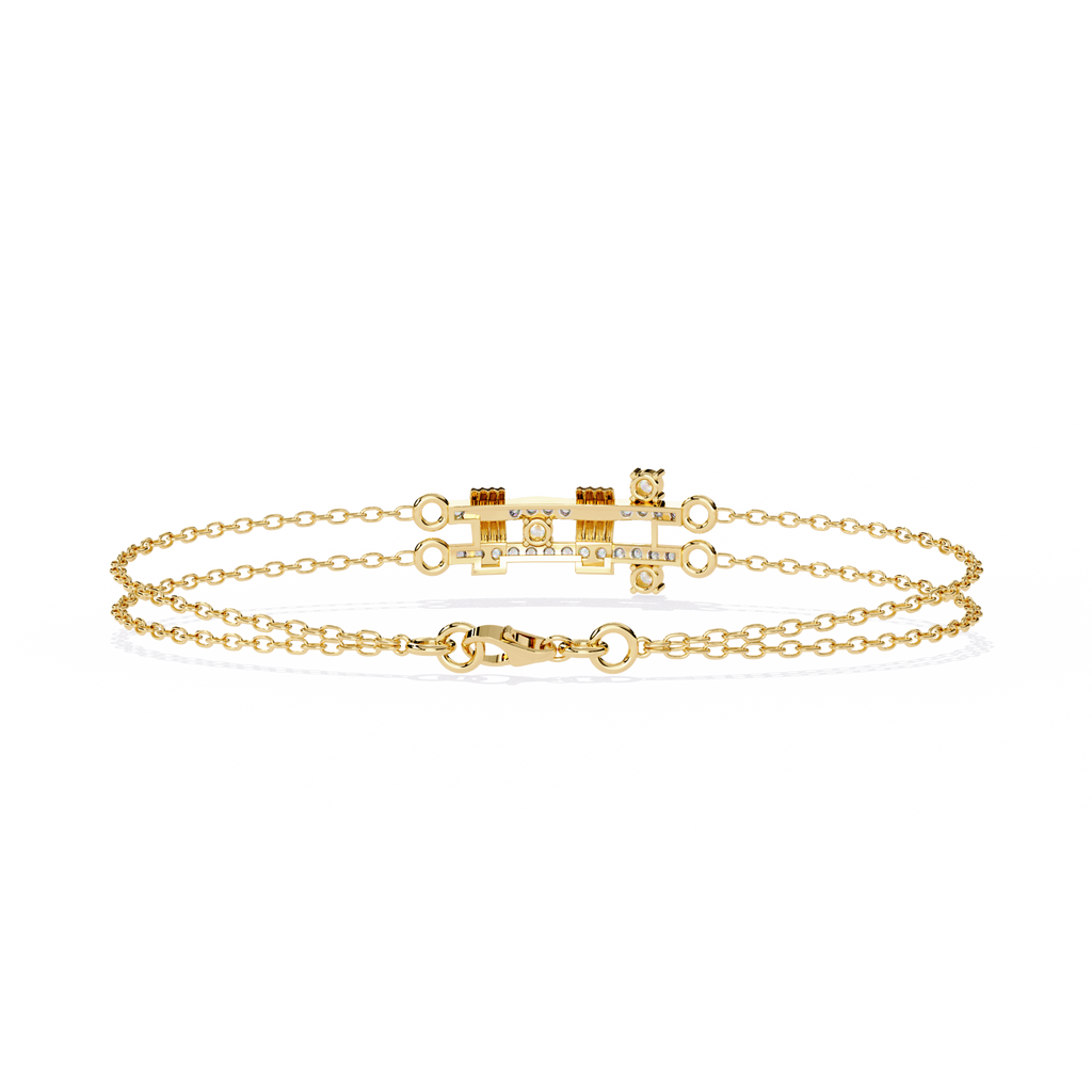 Yellow Gold Crossed Pavé Bar Double Chain Bracelet