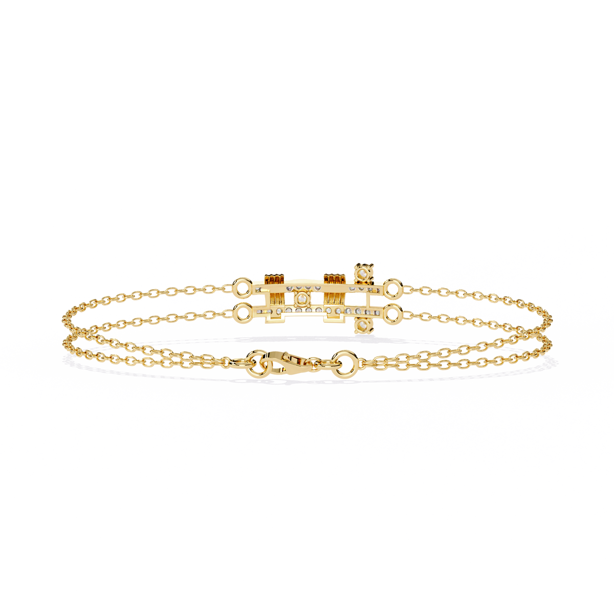 Yellow Gold Crossed Pavé Bar Double Chain Bracelet