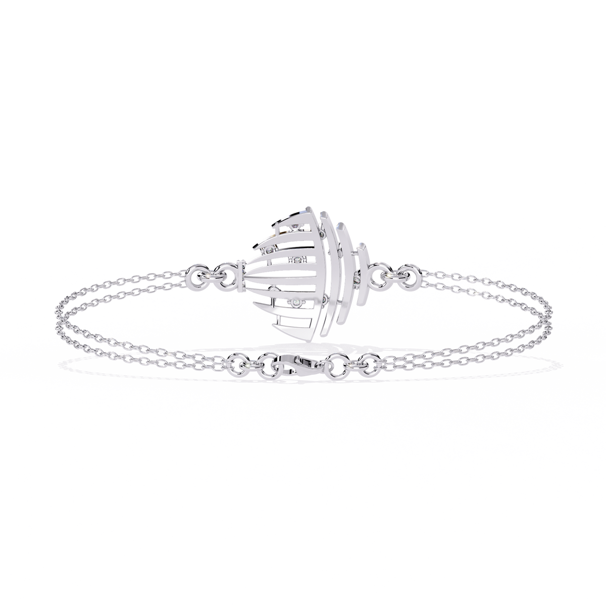 White Gold Diamond Curved Wire Cage Scattered Stone Bracelet