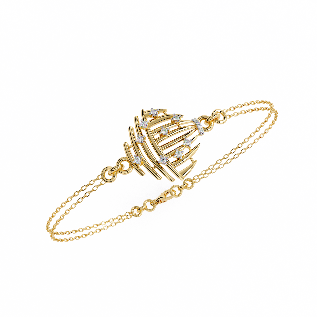 Yellow Gold Openwork Curved Rib Diamond Bracelet