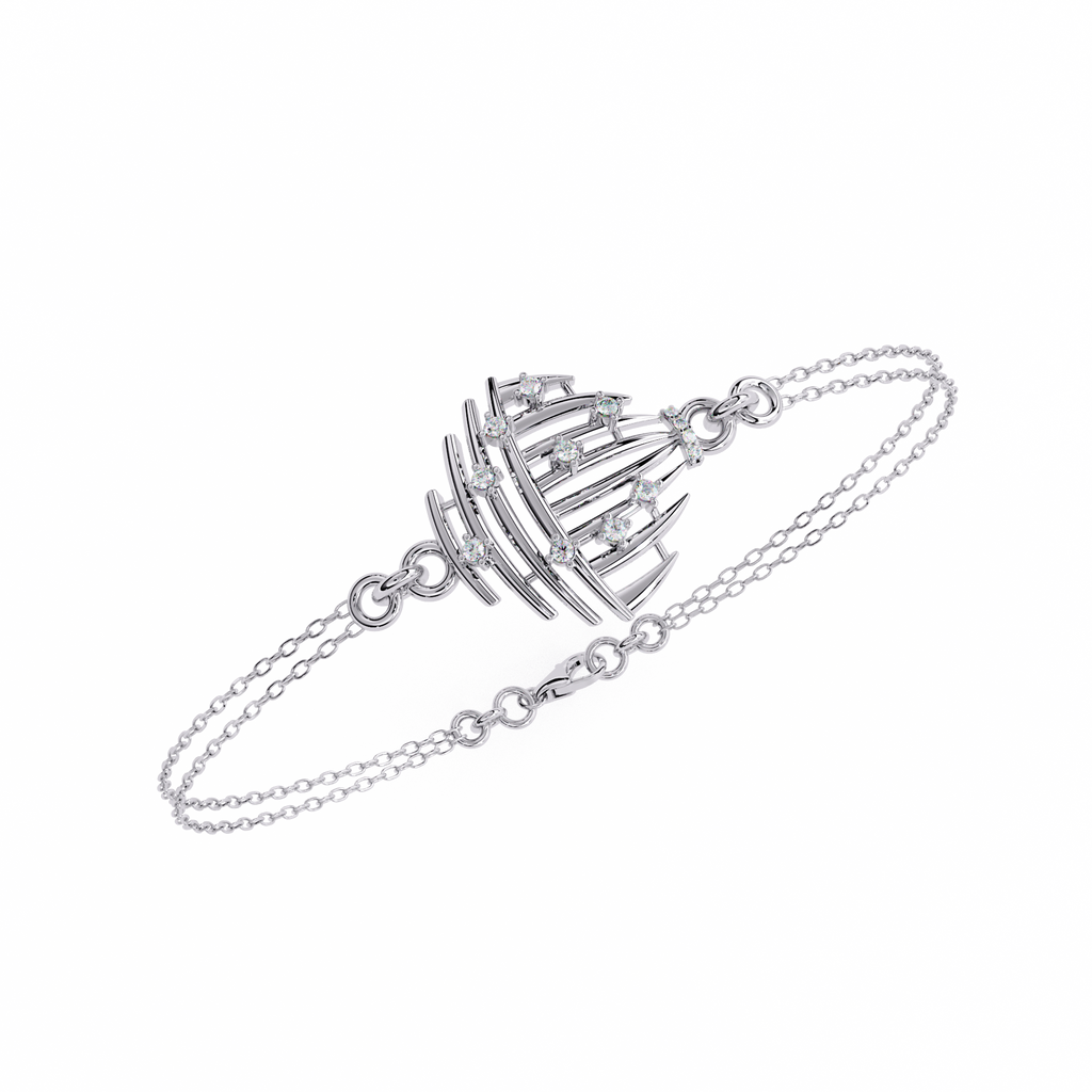 White Gold Diamond Curved Wire Cage Scattered Stone Bracelet