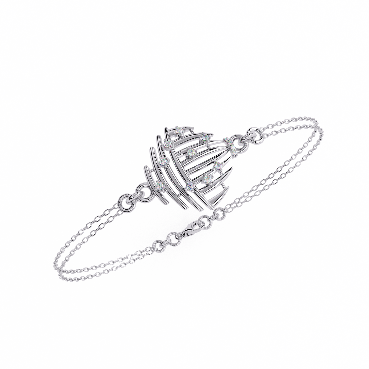 White Gold Diamond Curved Wire Cage Scattered Stone Bracelet
