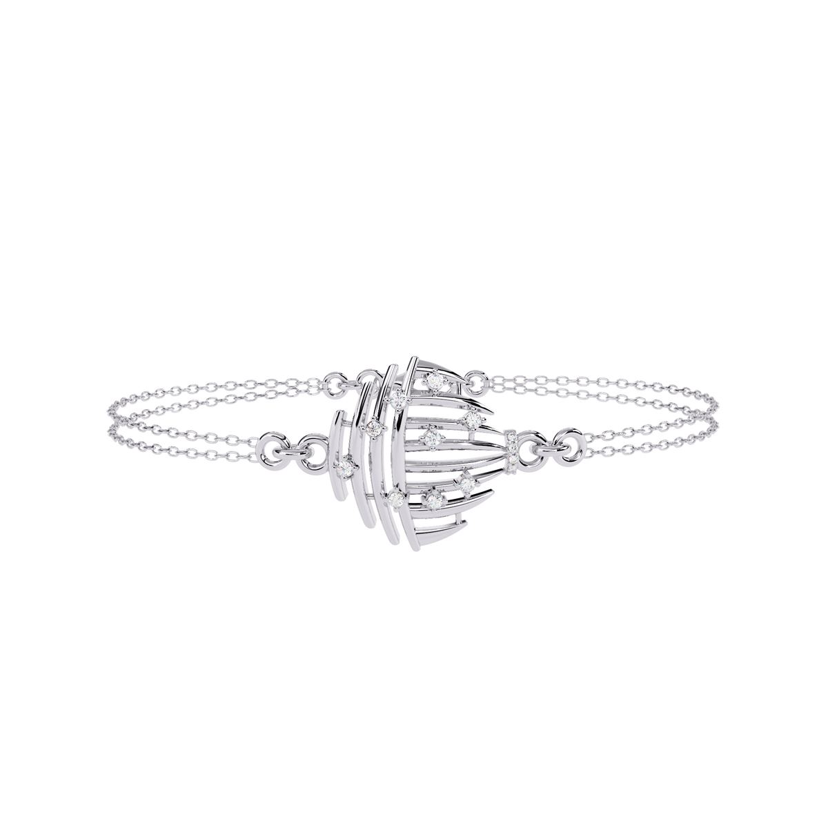 White Gold Diamond Curved Wire Cage Scattered Stone Bracelet