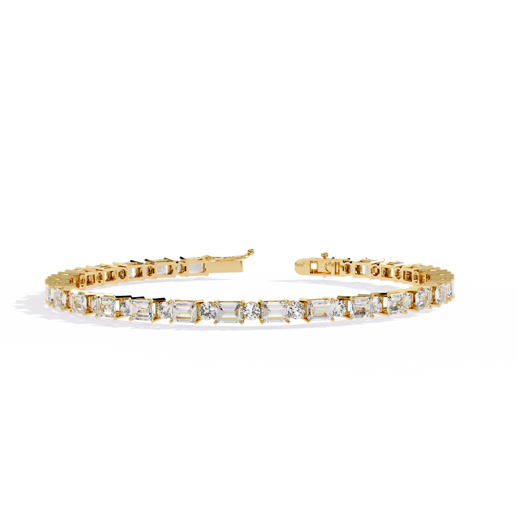 Yellow Gold Emerald and Round Cut Tennis Bracelet