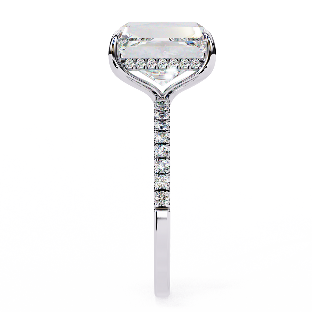 White Gold Emerald-Cut Diamond Solitaire Pavé Engagement Ring