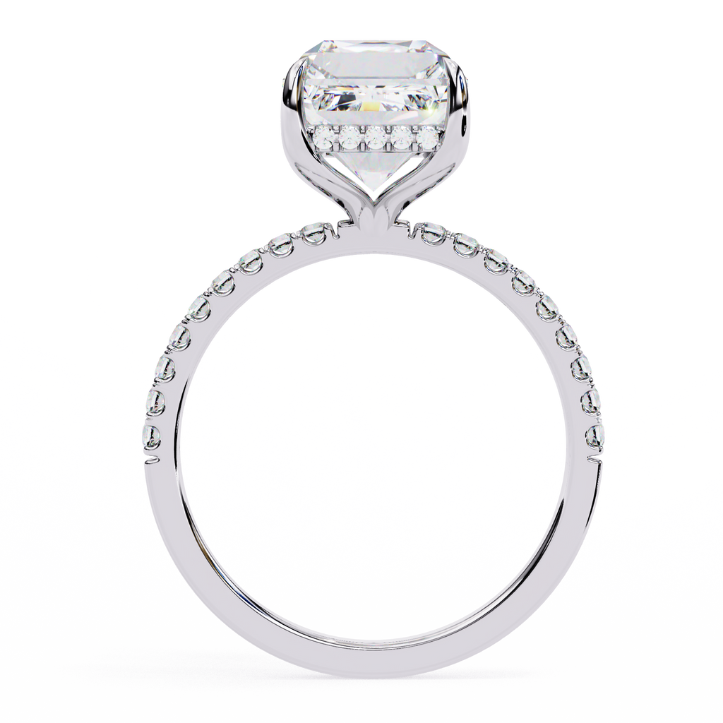 White Gold Emerald-Cut Diamond Solitaire Pavé Engagement Ring