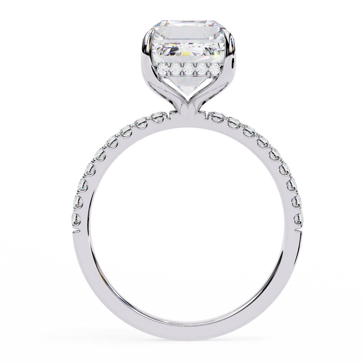 White Gold Emerald-Cut Diamond Solitaire Pavé Engagement Ring