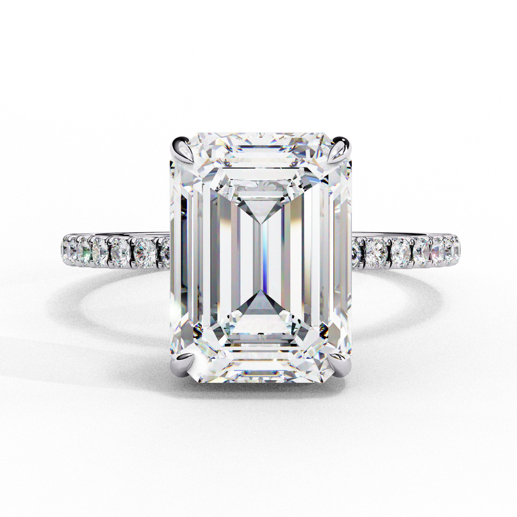 White Gold Emerald-Cut Diamond Solitaire Pavé Engagement Ring