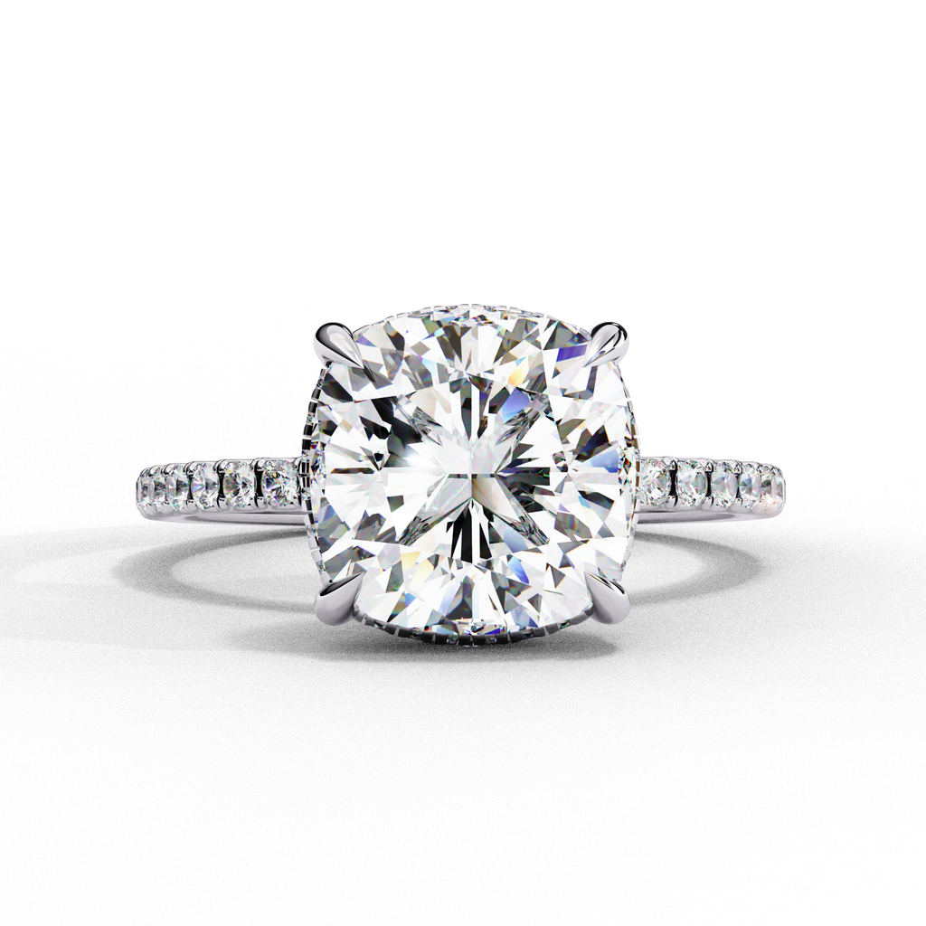 White Gold Cushion-Cut Diamond Solitaire Pavé Engagement Ring