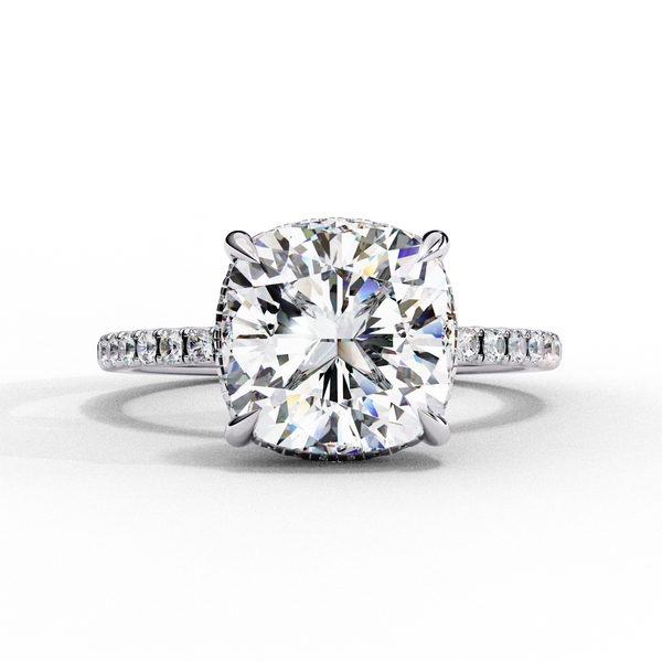 White Gold Cushion-Cut Diamond Solitaire Pavé Engagement Ring