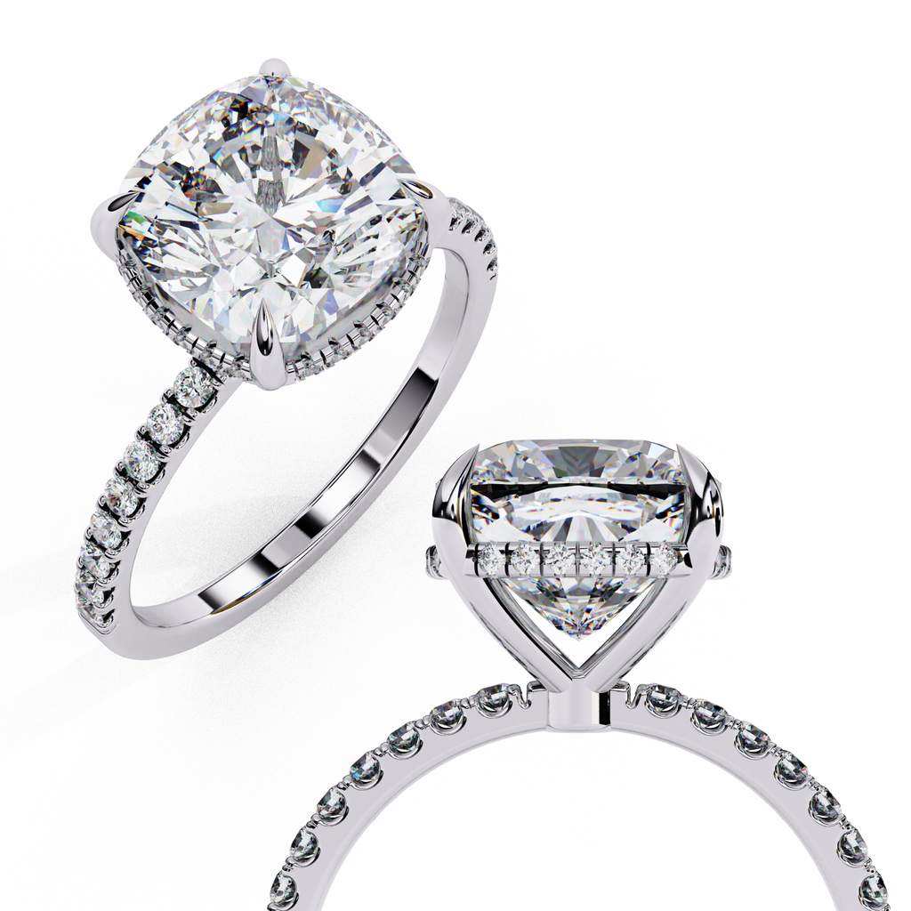 White Gold Cushion-Cut Diamond Solitaire Pavé Engagement Ring