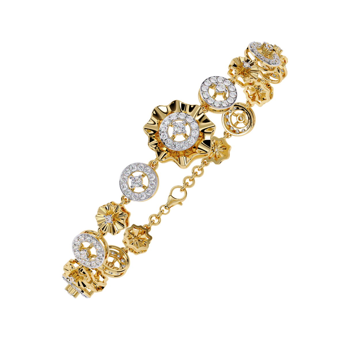 Yellow Gold Floral Medallion Diamond Link Bracelet