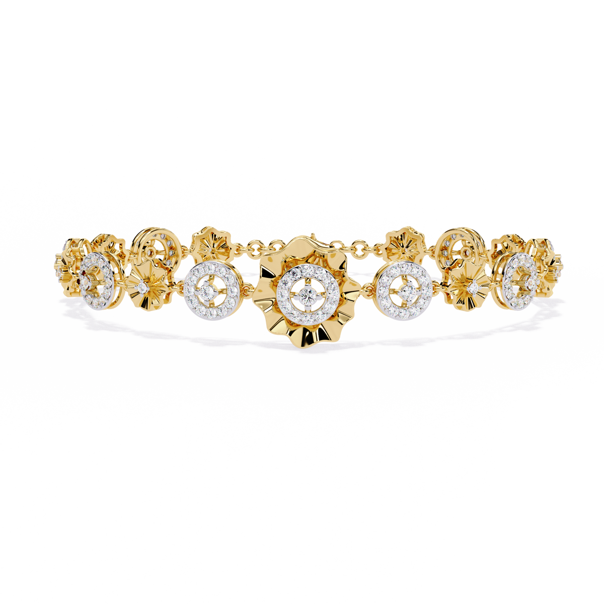 Yellow Gold Floral Medallion Diamond Link Bracelet