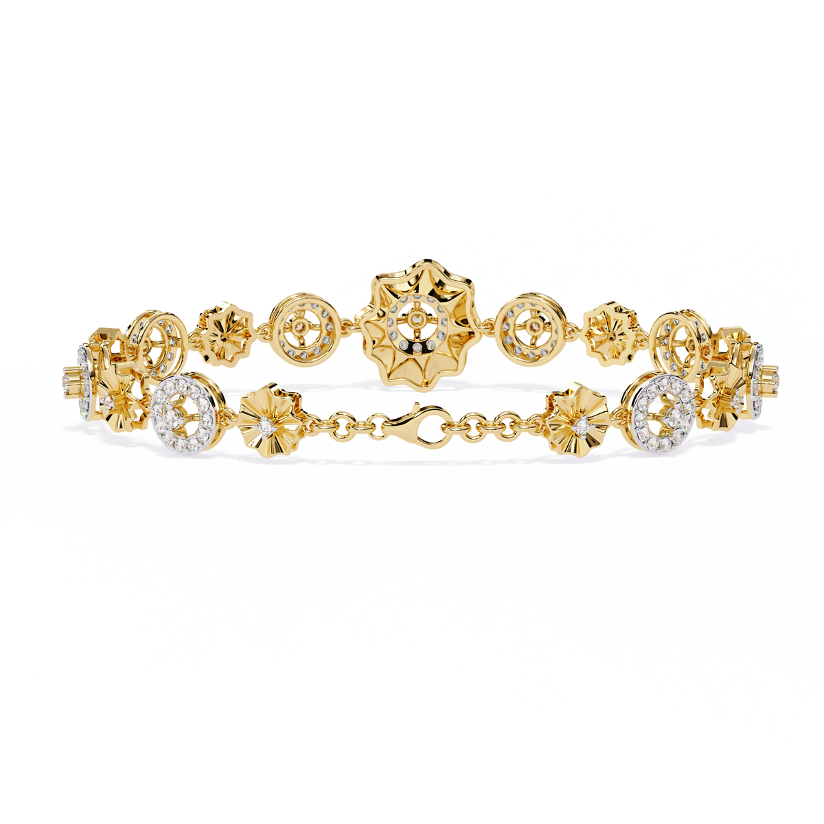 Yellow Gold Floral Medallion Diamond Link Bracelet
