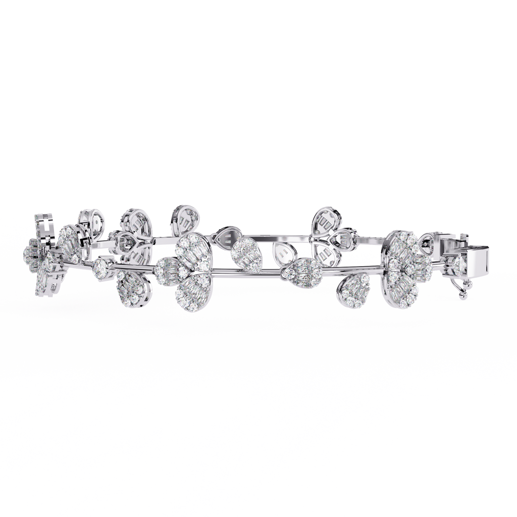 White Gold Diamond Baguette Petal Blossom Vine Bracelet