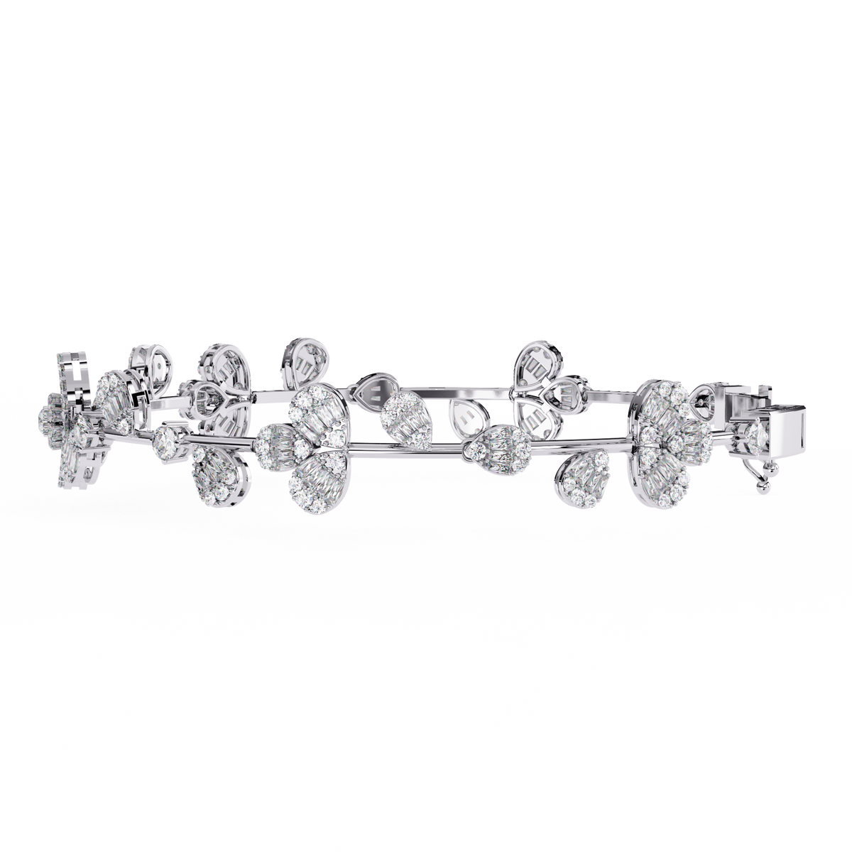 White Gold Diamond Baguette Petal Blossom Vine Bracelet