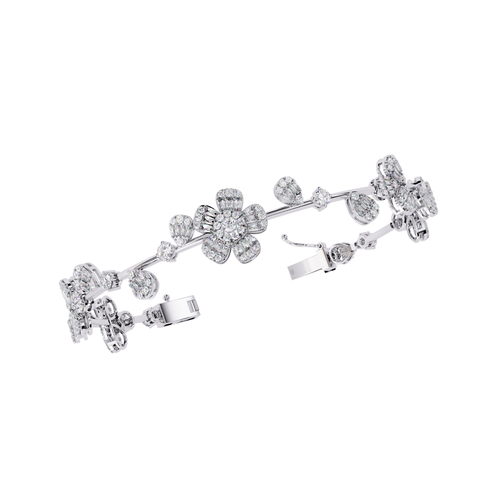 White Gold Diamond Baguette Petal Blossom Vine Bracelet