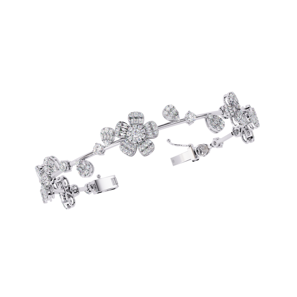 White Gold Diamond Baguette Petal Blossom Vine Bracelet