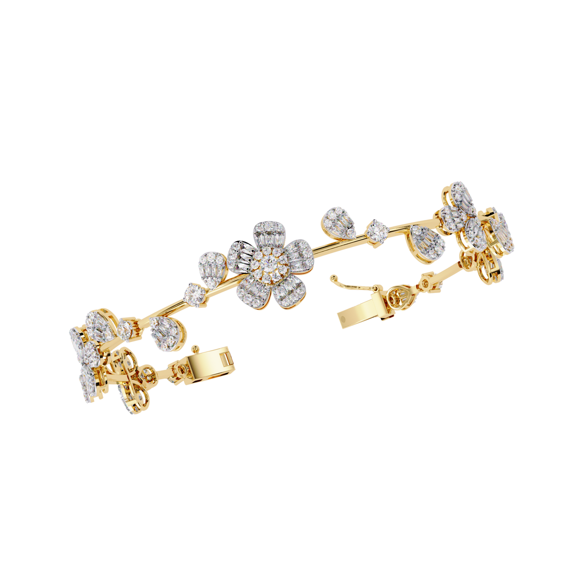 Yellow Gold Baguette Petal Flower Vine Bracelet