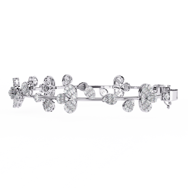 White Gold Diamond Baguette Petal Blossom Vine Bracelet