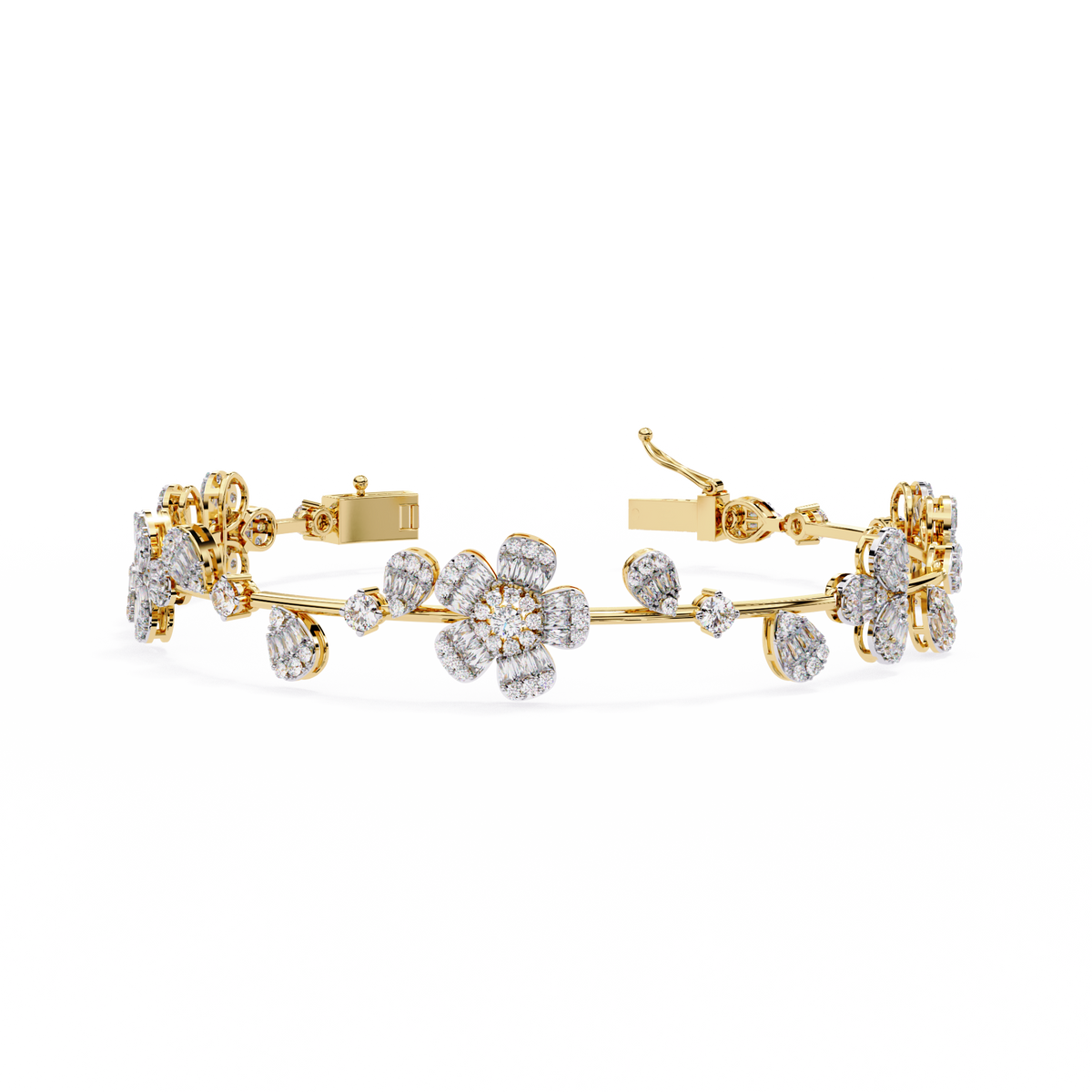 Yellow Gold Baguette Petal Flower Vine Bracelet