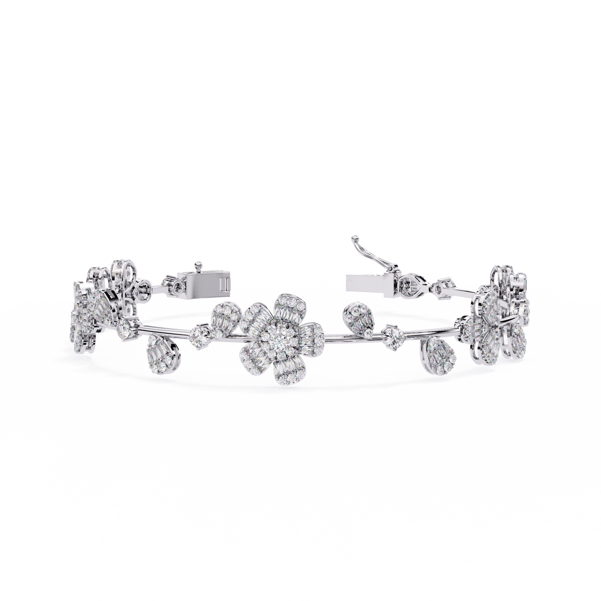 White Gold Diamond Baguette Petal Blossom Vine Bracelet