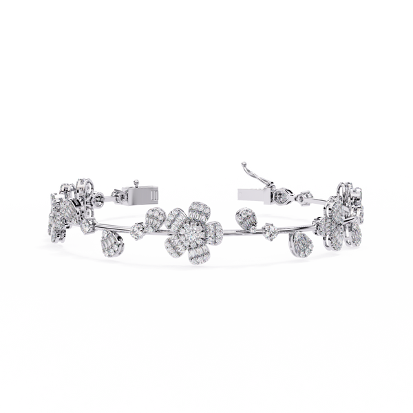 White Gold Diamond Baguette Petal Blossom Vine Bracelet