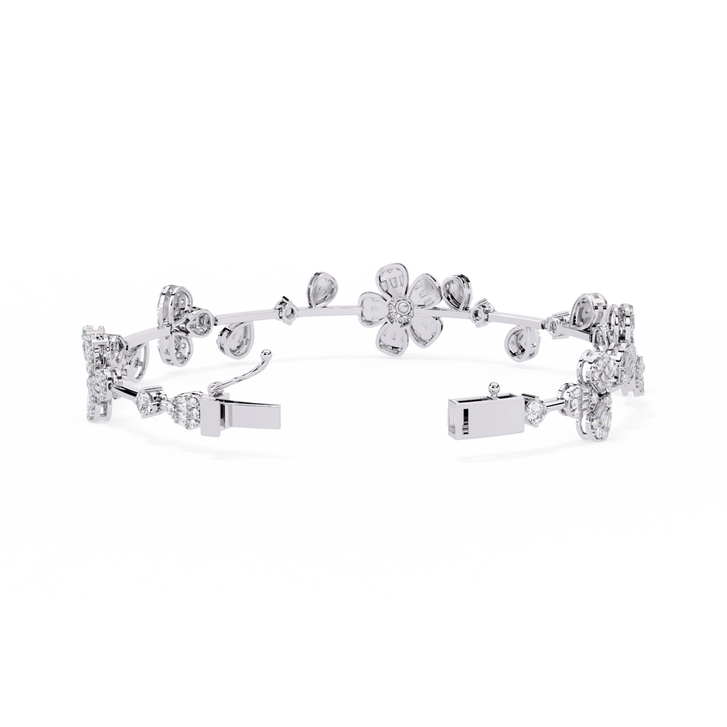 White Gold Diamond Baguette Petal Blossom Vine Bracelet